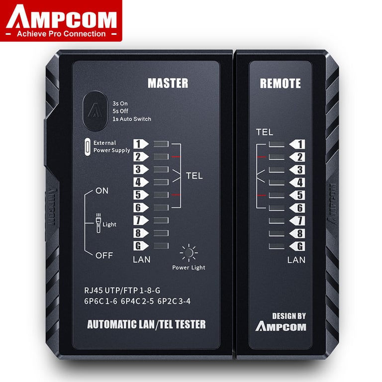 AMPCOM Network Cable Tester - LAN RJ45 RJ11 RJ12 CAT5 CAT6 CAT7 CAT8 Ethernet Wire Tester Tool for Networking - Easy-to-Use with Clear Indicators - Durable Construction for Professional Use - Compact and Lightweight Design - Cost-Effective Solution for Quick Cable Diagnosis and Repairs