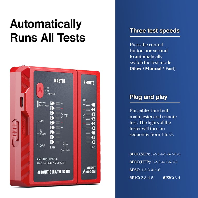 AMPCOM Network Cable Tester - LAN RJ45 RJ11 RJ12 CAT5 CAT6 CAT7 CAT8 Ethernet Wire Tester Tool for Networking - Easy-to-Use with Clear Indicators - Durable Construction for Professional Use - Compact and Lightweight Design - Cost-Effective Solution for Quick Cable Diagnosis and Repairs