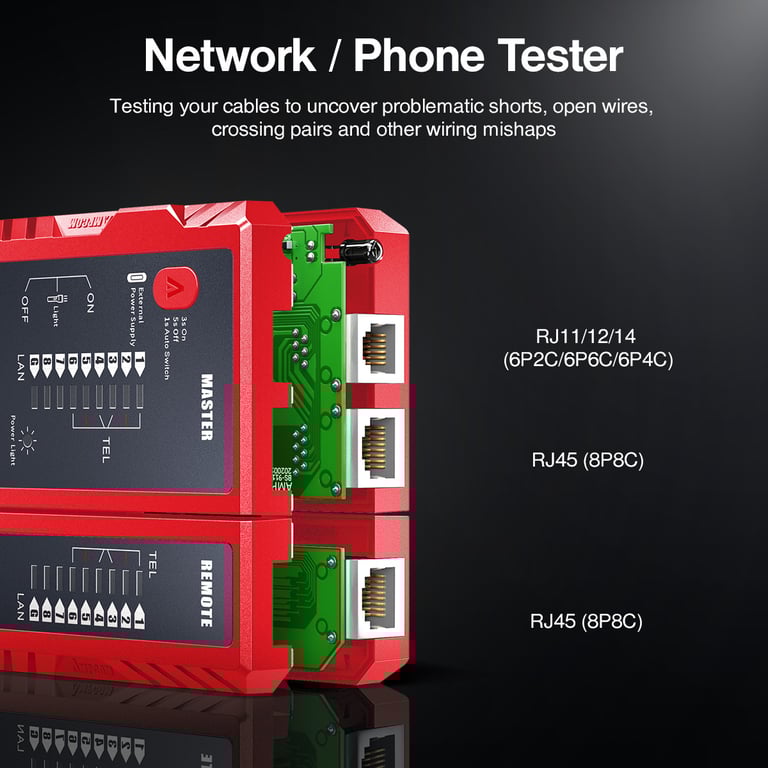 AMPCOM Network Cable Tester - LAN RJ45 RJ11 RJ12 CAT5 CAT6 CAT7 CAT8 Ethernet Wire Tester Tool for Networking - Easy-to-Use with Clear Indicators - Durable Construction for Professional Use - Compact and Lightweight Design - Cost-Effective Solution for Quick Cable Diagnosis and Repairs