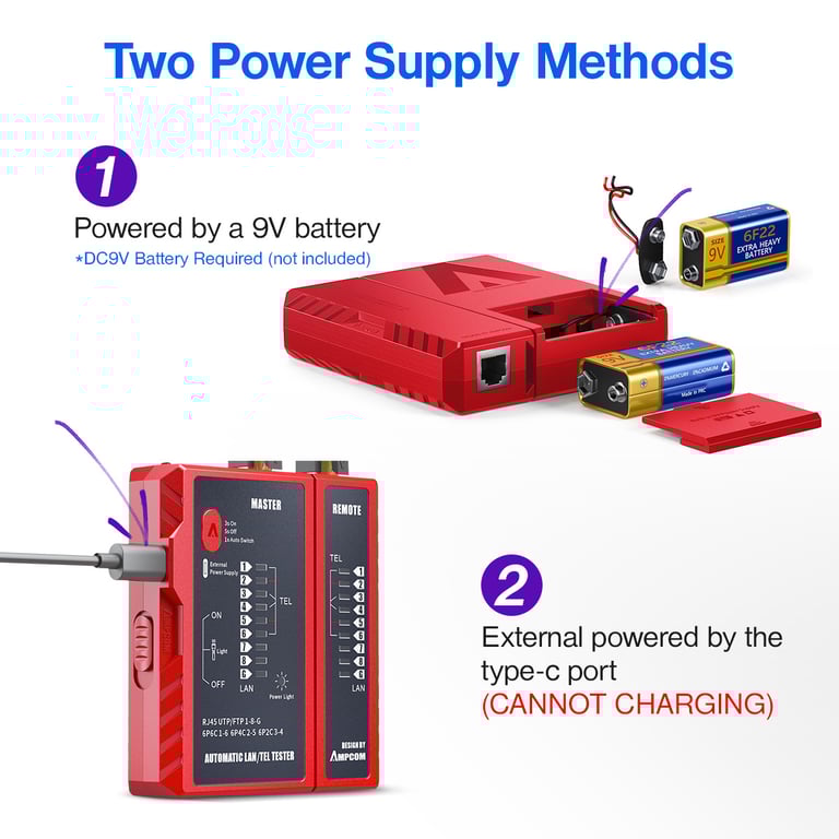 AMPCOM Network Cable Tester - LAN RJ45 RJ11 RJ12 CAT5 CAT6 CAT7 CAT8 Ethernet Wire Tester Tool for Networking - Easy-to-Use with Clear Indicators - Durable Construction for Professional Use - Compact and Lightweight Design - Cost-Effective Solution for Quick Cable Diagnosis and Repairs