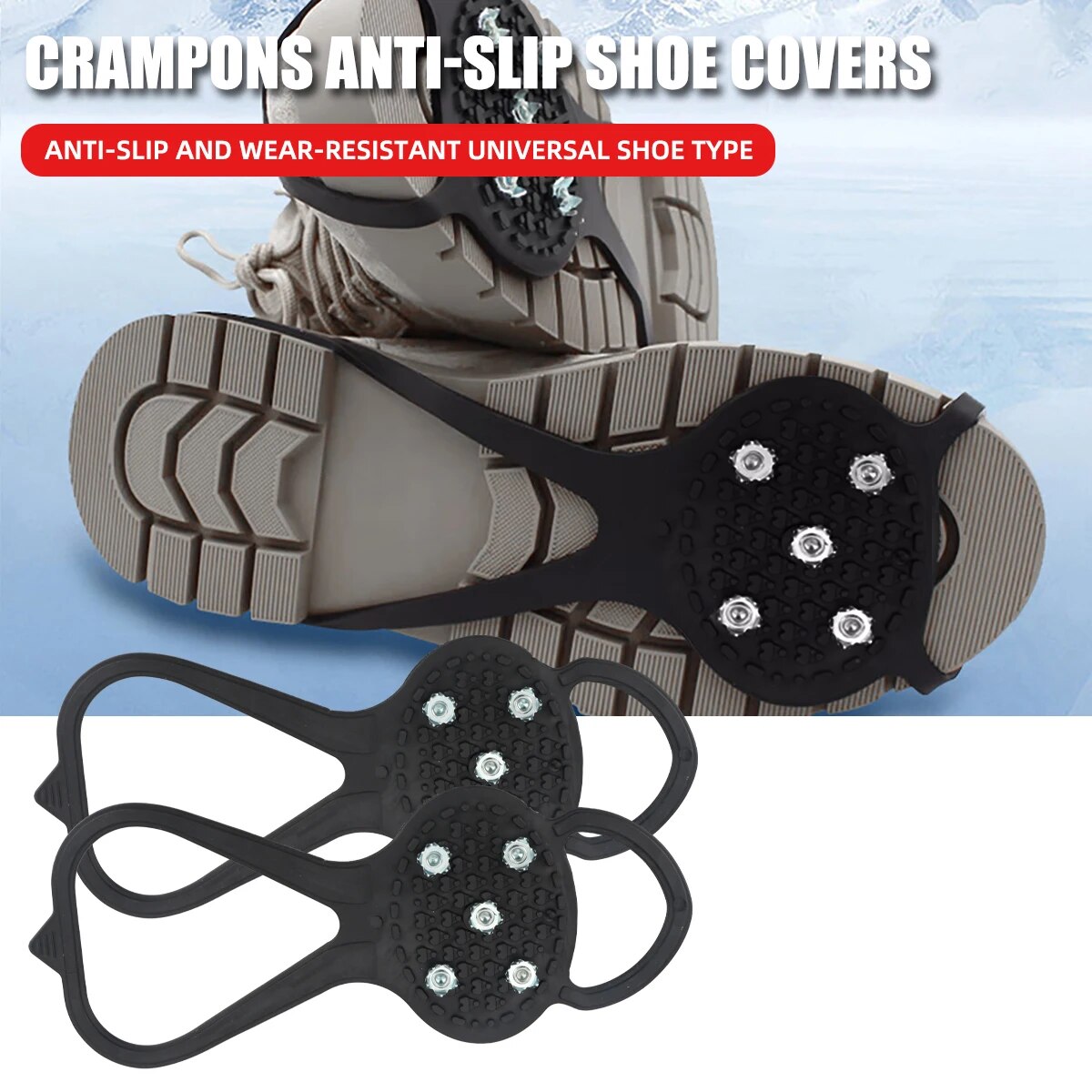 Professional Grade 1 Pair 5 Studs Anti-Skid Ice Snow Camping Walking Shoes Winter Safety Boots - Universal Fit Crampons for Enhanced Traction and Safety in Harsh Conditions - Adjustable Strap System for Secure Fit - Ideal for Climbers, Hikers, and Outdoor Enthusiasts