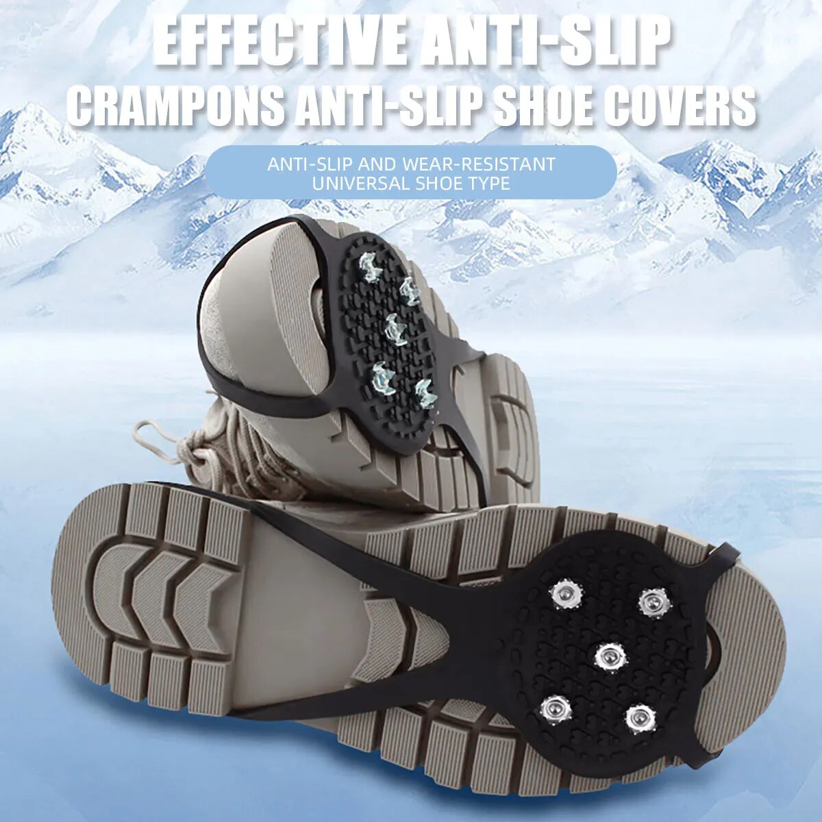 Professional Grade 1 Pair 5 Studs Anti-Skid Ice Snow Camping Walking Shoes Winter Safety Boots - Universal Fit Crampons for Enhanced Traction and Safety in Harsh Conditions - Adjustable Strap System for Secure Fit - Ideal for Climbers, Hikers, and Outdoor Enthusiasts