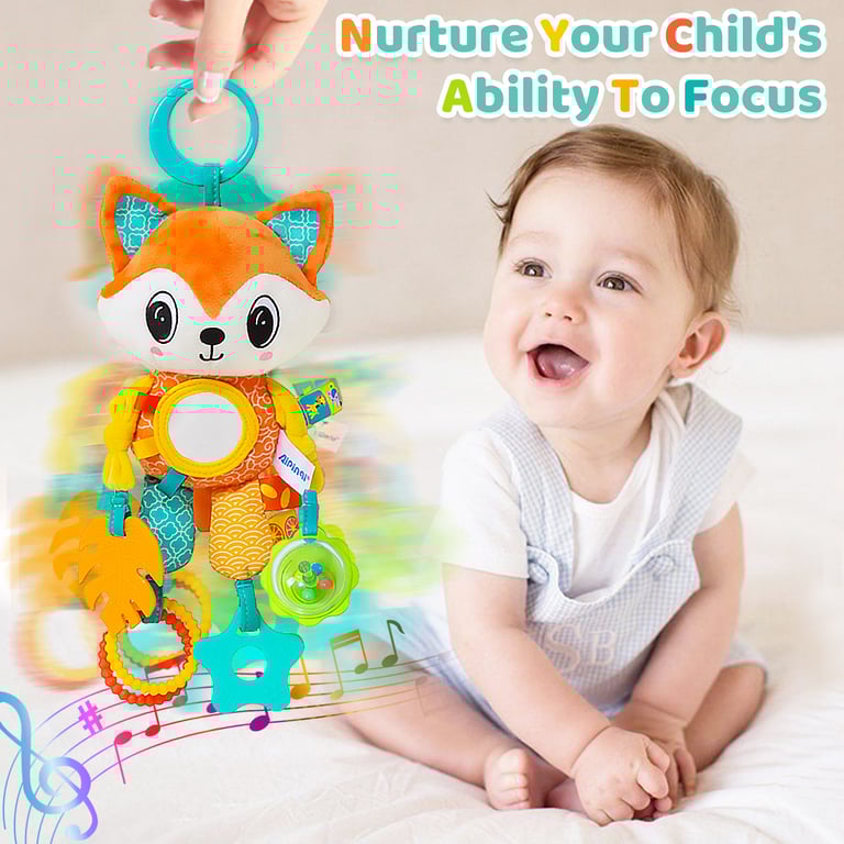 Sensory Development Plush Animal Wind Chime Toy with Crinkle Squeaker & Teether for Cognitive Learning - Travel-Friendly Gender-Neutral Baby Toy with Durable Construction