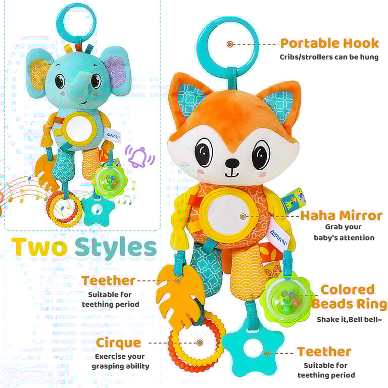 Sensory Development Plush Animal Wind Chime Toy with Crinkle Squeaker & Teether for Cognitive Learning - Travel-Friendly Gender-Neutral Baby Toy with Durable Construction