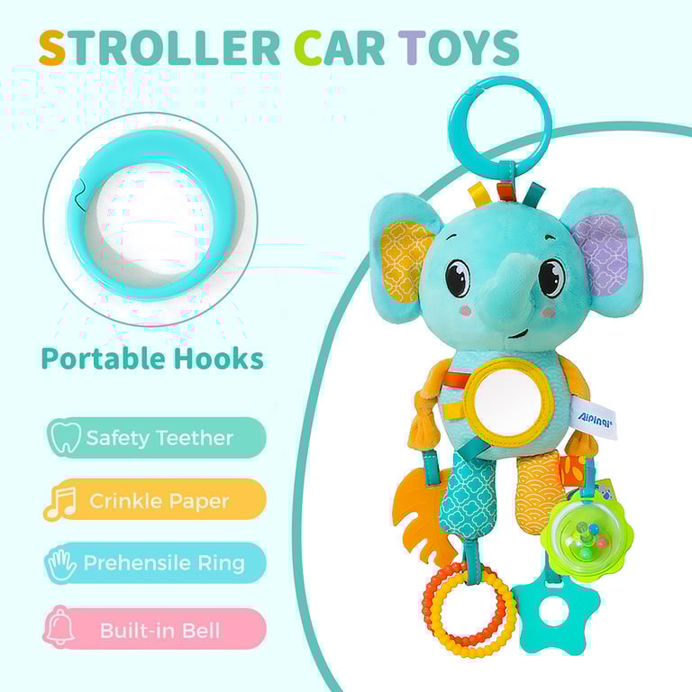 Sensory Development Plush Animal Wind Chime Toy with Crinkle Squeaker & Teether for Cognitive Learning - Travel-Friendly Gender-Neutral Baby Toy with Durable Construction