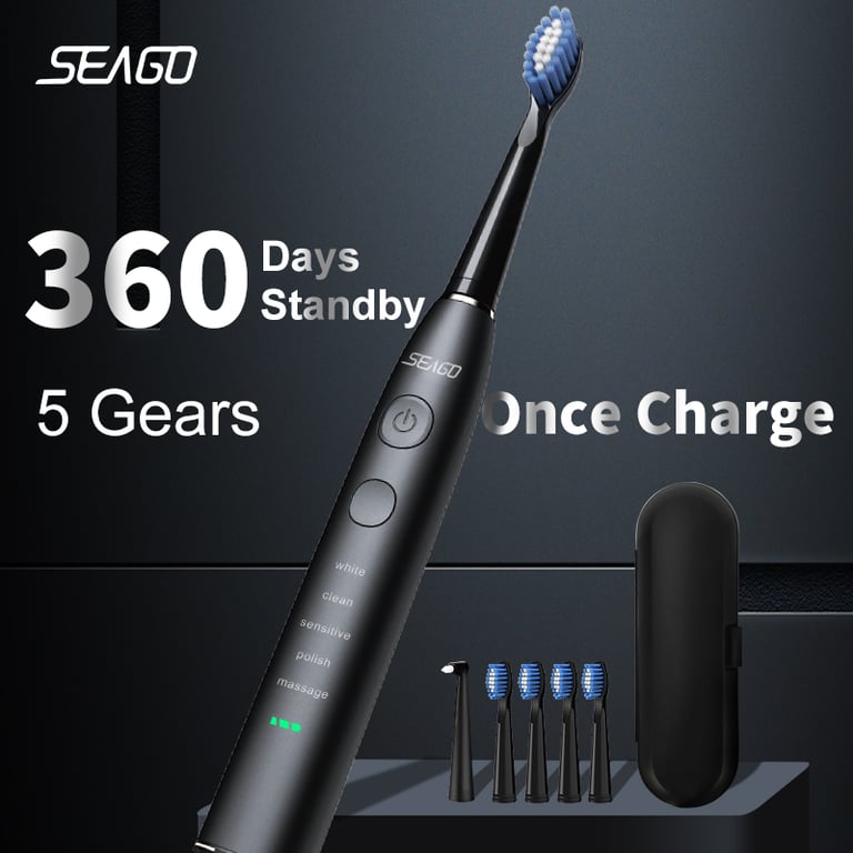 Seago Electric Sonic Toothbrush SG-575 with 360 Days Battery Life, USB Rechargeable, IPX7 Waterproof, 4 Replacement Heads, Travel Box Included - Long Lasting Oral Care Solution for Home and Travel