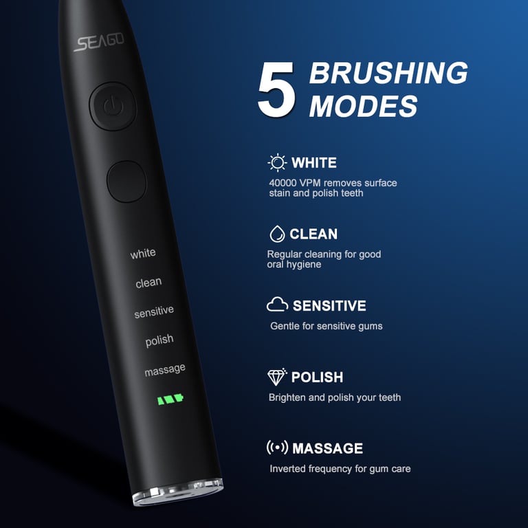 Seago Electric Sonic Toothbrush SG-575 with 360 Days Battery Life, USB Rechargeable, IPX7 Waterproof, 4 Replacement Heads, Travel Box Included - Long Lasting Oral Care Solution for Home and Travel