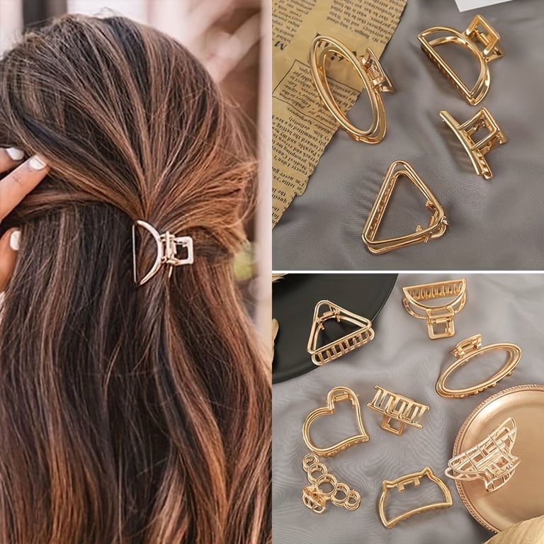 Trendy Gold Geometric Design Non-Slip Mini Hollow Heart Metal Hair Claw Clips Set - Elegant Hair Accessories for Women and Girls, Small Size Barrettes for Bangs, Durable and Stylish Hair Jaws for Daily Wear and Special Occasions