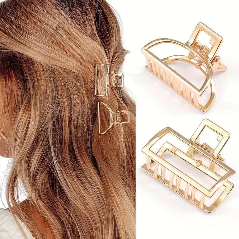 Trendy Gold Geometric Design Non-Slip Mini Hollow Heart Metal Hair Claw Clips Set - Elegant Hair Accessories for Women and Girls, Small Size Barrettes for Bangs, Durable and Stylish Hair Jaws for Daily Wear and Special Occasions