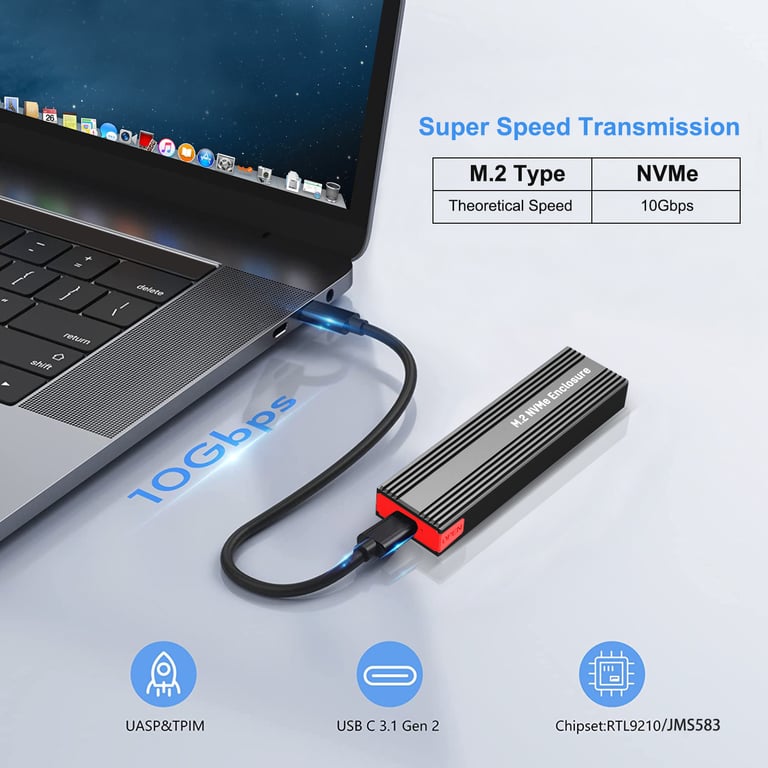 High-Speed Data Transfer M2 NVMe SSD Enclosure 10Gbps Tool-Free Installation USB-C 3.2 Gen2 Heat Dissipation Compact Portable External Adapter Case for Lightning-Fast File Transfers and Backups