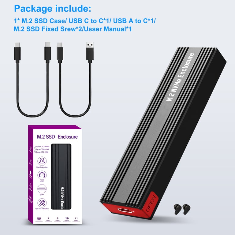 High-Speed Data Transfer M2 NVMe SSD Enclosure 10Gbps Tool-Free Installation USB-C 3.2 Gen2 Heat Dissipation Compact Portable External Adapter Case for Lightning-Fast File Transfers and Backups