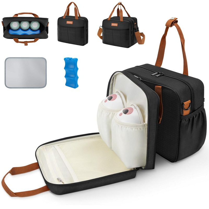 Portable Double Layer Breast Pump Bag with Insulated Cooler Compartment - Travel-Friendly Organizer for Wearable Pumps, Bottles, and Accessories - Durable, Easy-to-Clean Design for On-The-Go Moms