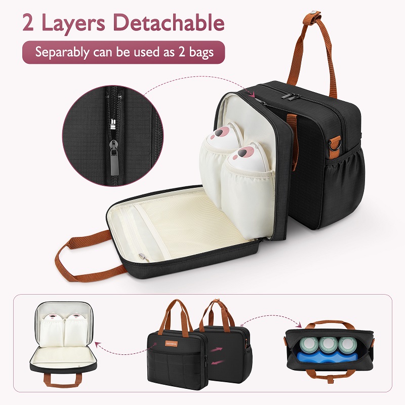 Portable Double Layer Breast Pump Bag with Insulated Cooler Compartment - Travel-Friendly Organizer for Wearable Pumps, Bottles, and Accessories - Durable, Easy-to-Clean Design for On-The-Go Moms