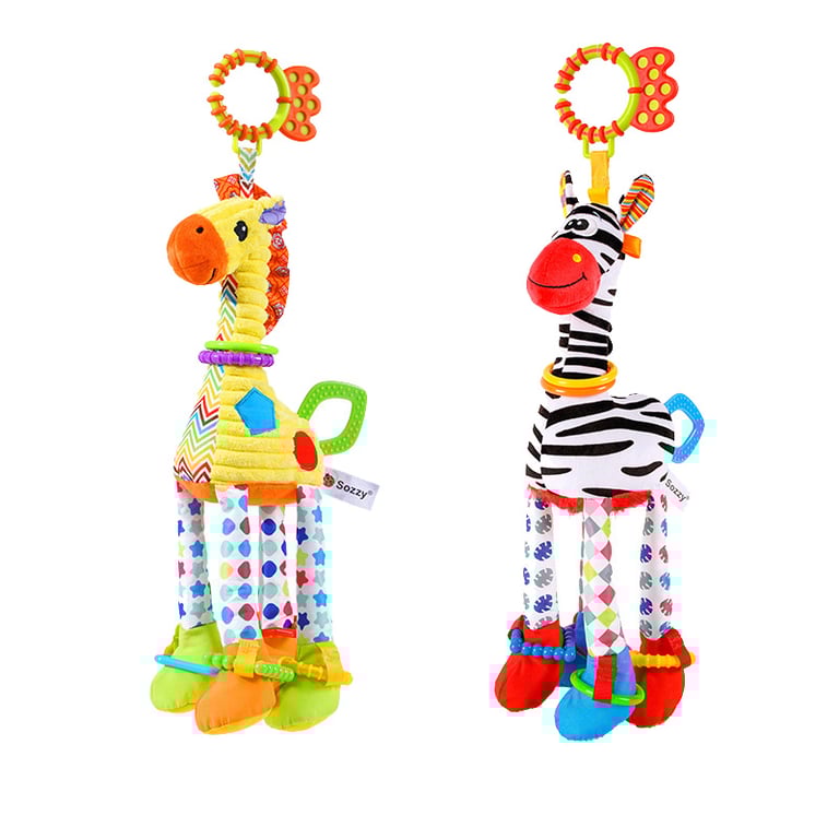 Soft Giraffe Zebra Animal Handbells Rattles Plush Infant Baby Development Handle Toy With Teether - Safe, Interactive, and Developmental Newborn Gift for Sensory Stimulation, Fine Motor Skills, and Auditory Development