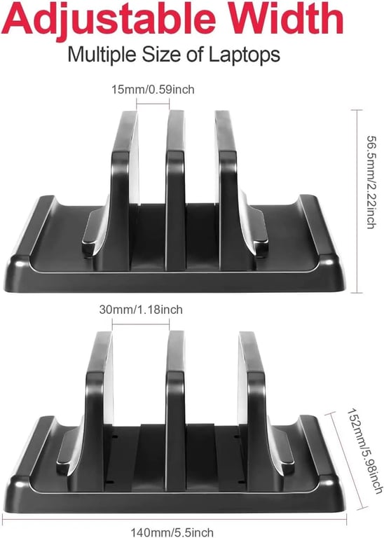 Adjustable Dual-Slot Vertical Laptop Stand for MacBook, Chromebook, Surface, HP, Dell, iPad - Space-Saving, Secure Holder with Anti-Slip Pads - Versatile Compatibility for Ergonomic Use and Organization of Laptops, Tablets, and Books