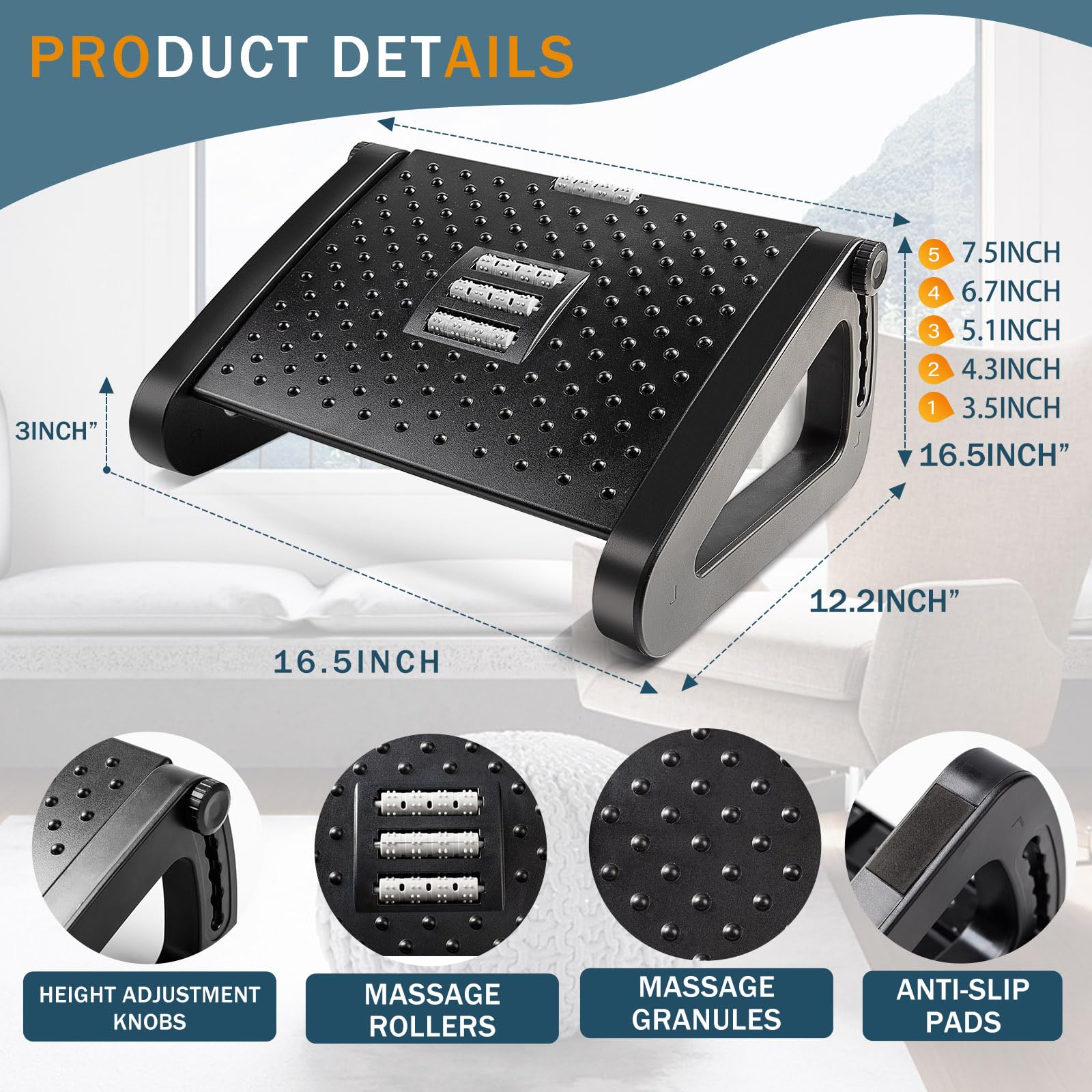 Ergonomic Under Desk Footrest with Massage Rollers and Desk Leg Rest - Pain Relief for Home Office Work - Improve Posture and Reduce Fatigue - Adjustable Height for Comfort and Well-Being