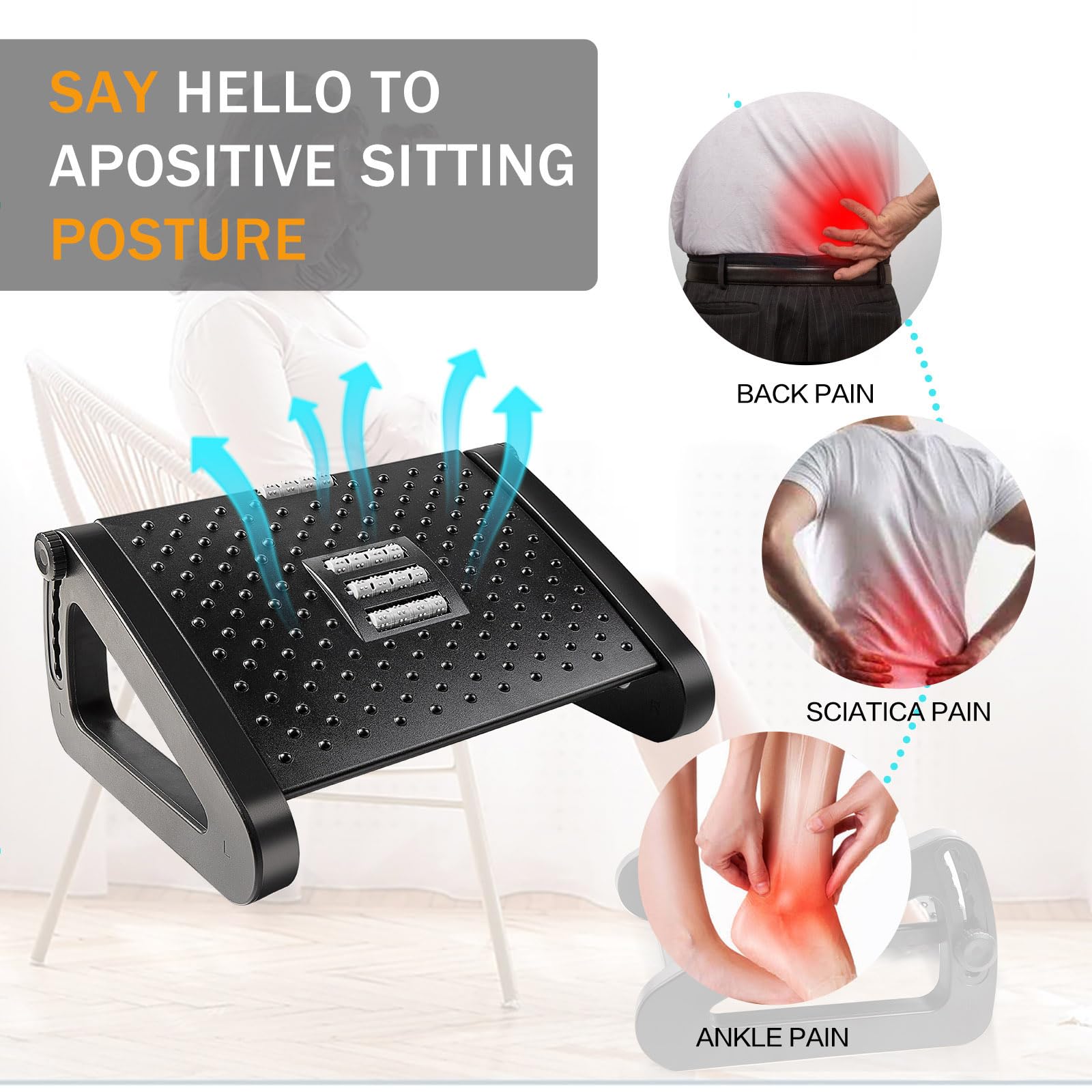 Ergonomic Under Desk Footrest with Massage Rollers and Desk Leg Rest - Pain Relief for Home Office Work - Improve Posture and Reduce Fatigue - Adjustable Height for Comfort and Well-Being