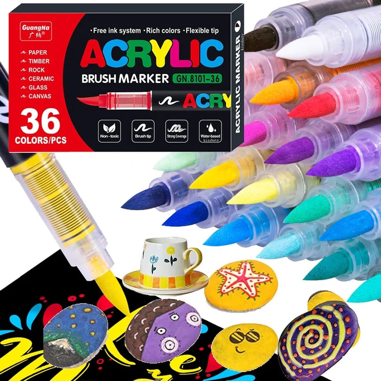 Acrylic Marker Pens Set - 12/24/30 Vibrant Colors, Waterproof, Fade-Resistant, Soft Brush Nib, Multi-Surface Use - Ideal for Students and Professionals, Versatile and Reliable Art Pens for Detailed Work and Broad Strokes