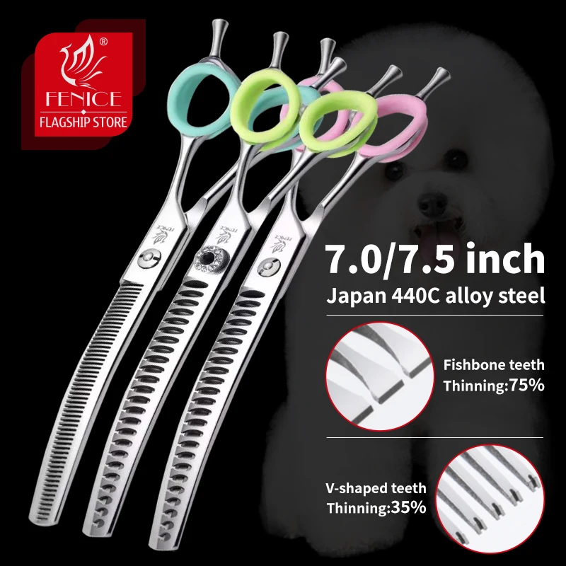 Fenice Professional Dog Grooming Shears - JP 440C Stainless Steel Curved Thinning Scissors Set for Precise & Effortless Cutting - 7.0/7.5 inch Size Options - Ergonomic Design for Comfort - Professional Grade Precision Grooming Tool with Easy Maintenance Features