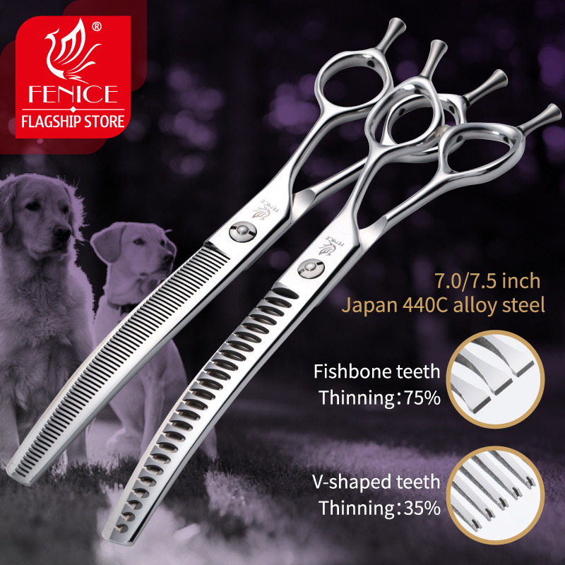Fenice Professional Dog Grooming Shears - JP 440C Stainless Steel Curved Thinning Scissors Set for Precise & Effortless Cutting - 7.0/7.5 inch Size Options - Ergonomic Design for Comfort - Professional Grade Precision Grooming Tool with Easy Maintenance Features