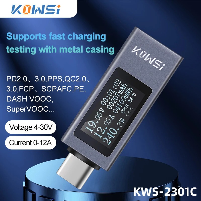 KWS-2301C Type-C Current and Voltage Monitor with Power Delivery Support - Digital LCD Display, Portable and Compact Power Meter Tester for Electronics Testing, Battery Capacity Monitoring, and Power Supply Analysis - DC 4-30V, 0-12A Range - Ideal for Professionals, Hobbyists, and Students
