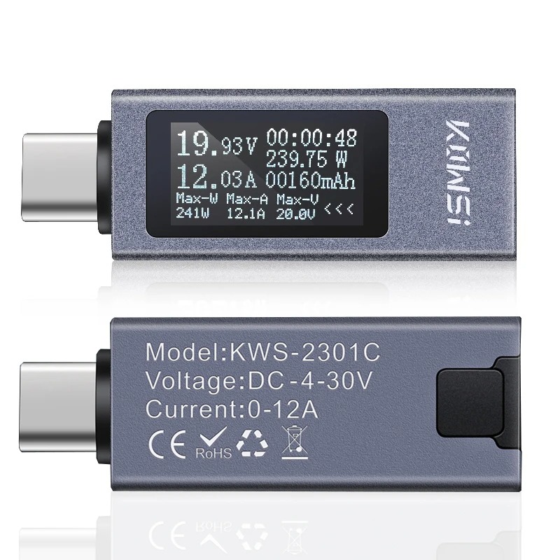 KWS-2301C Type-C Current and Voltage Monitor with Power Delivery Support - Digital LCD Display, Portable and Compact Power Meter Tester for Electronics Testing, Battery Capacity Monitoring, and Power Supply Analysis - DC 4-30V, 0-12A Range - Ideal for Professionals, Hobbyists, and Students