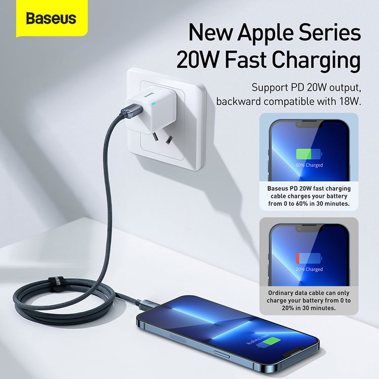 Baseus PD 20W USB Type C Cable for iPhone 14/13/12 Pro Max/11/Xs/X, iPad - Fast Charging, Durable Construction, Safe & Reliable, Flexible & Tangle-Free - Universal Compatibility with Advanced Safety Features