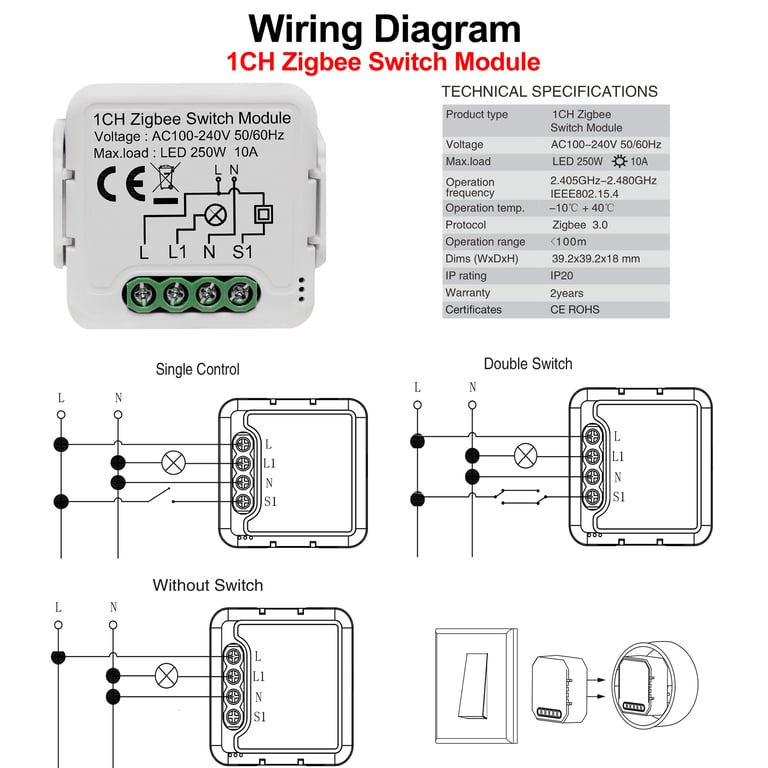 GIRIER Tuya ZigBee 3.0 Switch Module with DIY Breaker Installation, Multi-Gang Support, Two-Way Control, and Voice Control Compatibility - Smart Home Automation Device for Alexa and Google Home - Upgrade Your Home Easily and Conveniently with Advanced ZigBee 3.0 Technology