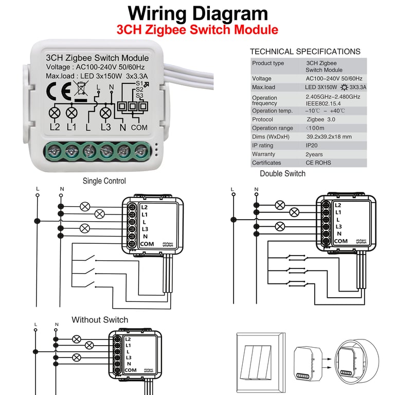 GIRIER Tuya ZigBee 3.0 Switch Module with DIY Breaker Installation, Multi-Gang Support, Two-Way Control, and Voice Control Compatibility - Smart Home Automation Device for Alexa and Google Home - Upgrade Your Home Easily and Conveniently with Advanced ZigBee 3.0 Technology