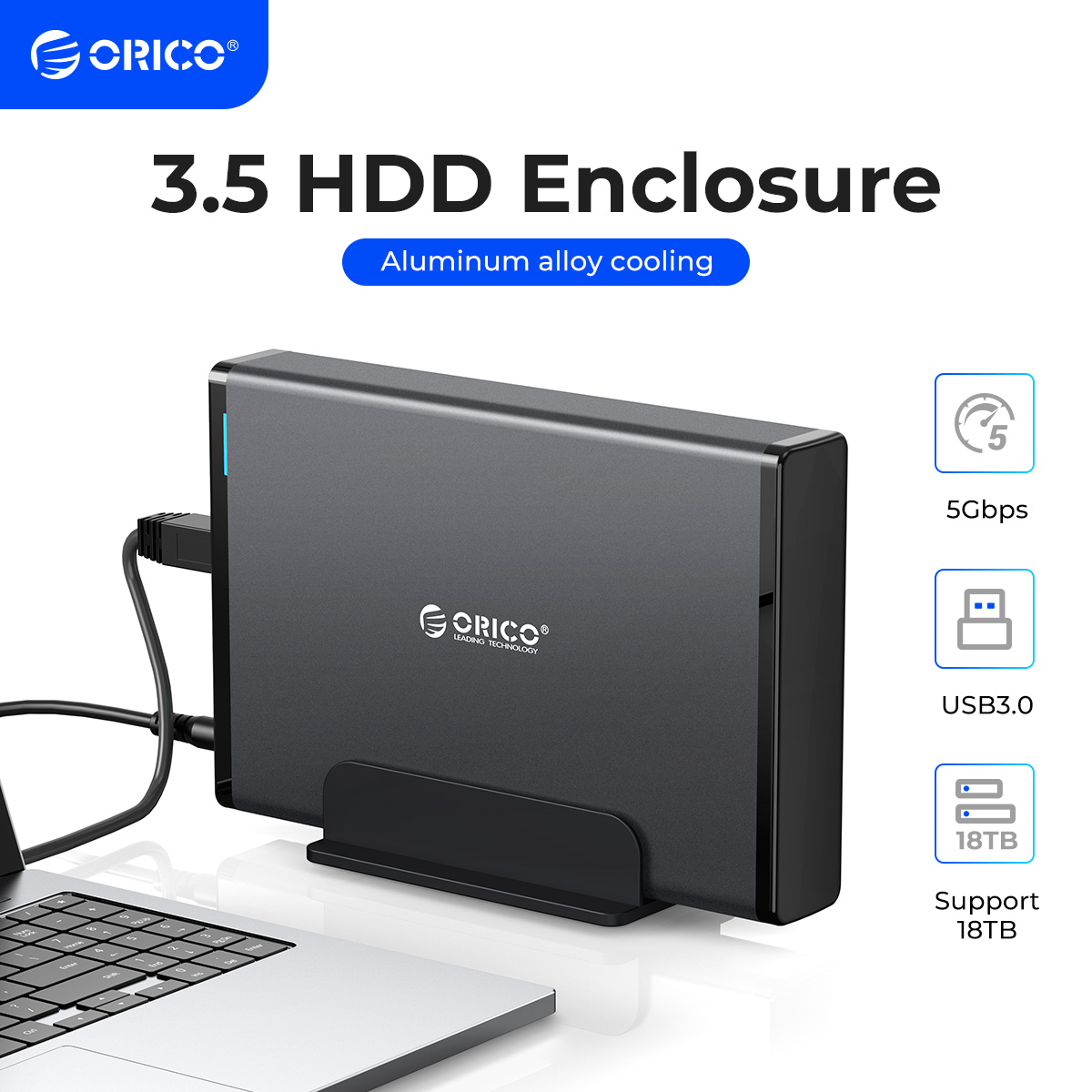 ORICO 3.5'' HDD Case with USB 3.0 Adapter for High-Speed Data Transfer up to 5Gbps, Wide Compatibility with 2.5'' and 3.5'' SATA Hard Drives, Durable Aluminum Housing for Protection and Heat Dissipation, Tool-Free Installation, Plug and Play for Windows, Mac, and Linux Systems