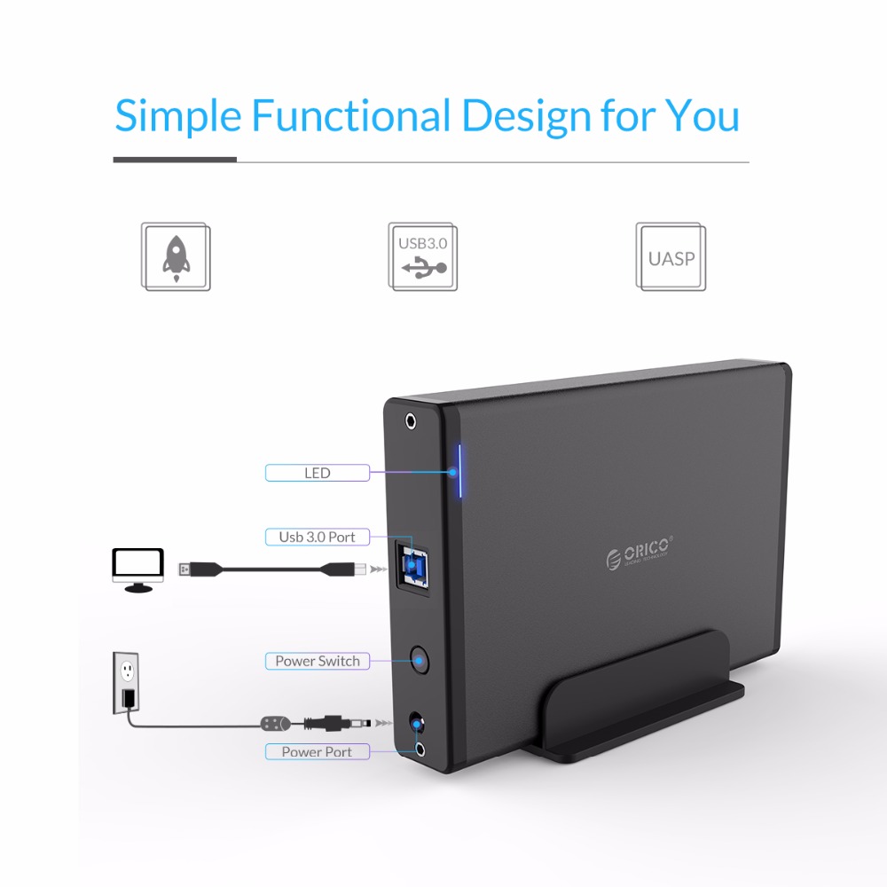 ORICO 3.5'' HDD Case with USB 3.0 Adapter for High-Speed Data Transfer up to 5Gbps, Wide Compatibility with 2.5'' and 3.5'' SATA Hard Drives, Durable Aluminum Housing for Protection and Heat Dissipation, Tool-Free Installation, Plug and Play for Windows, Mac, and Linux Systems