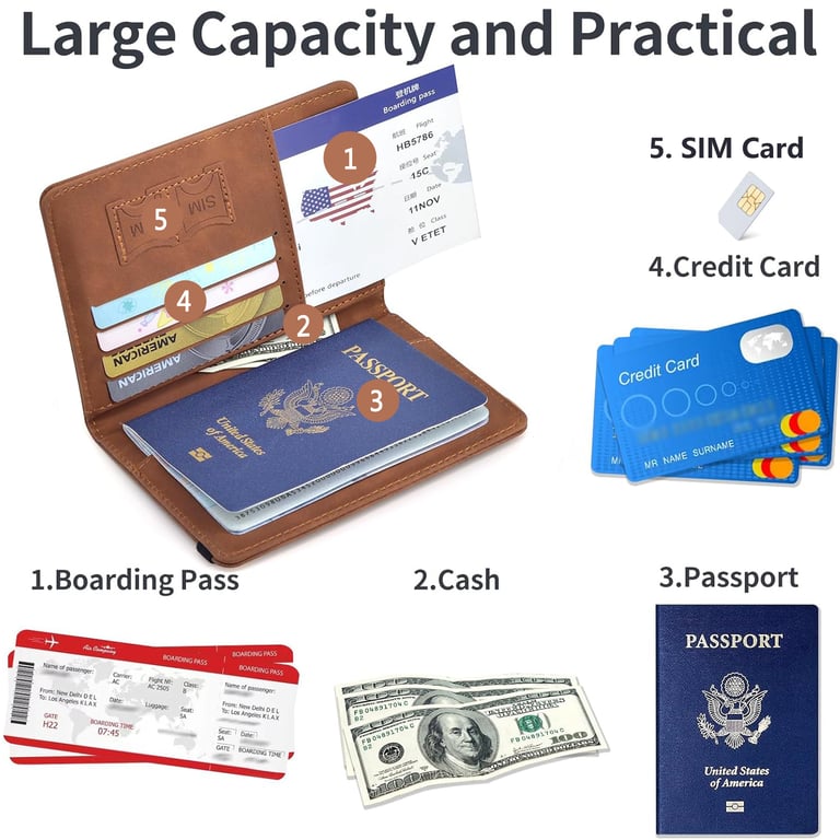 Premium PU Leather Passport Holder with RFID Blocking Technology - Travel Wallet Case for Men and Women - Multiple Slots for Passports, Credit Cards, Boarding Passes, and Cash - Stylish and Practical Accessory for Secure and Organized Travel - Great Gift Idea for Globetrotters