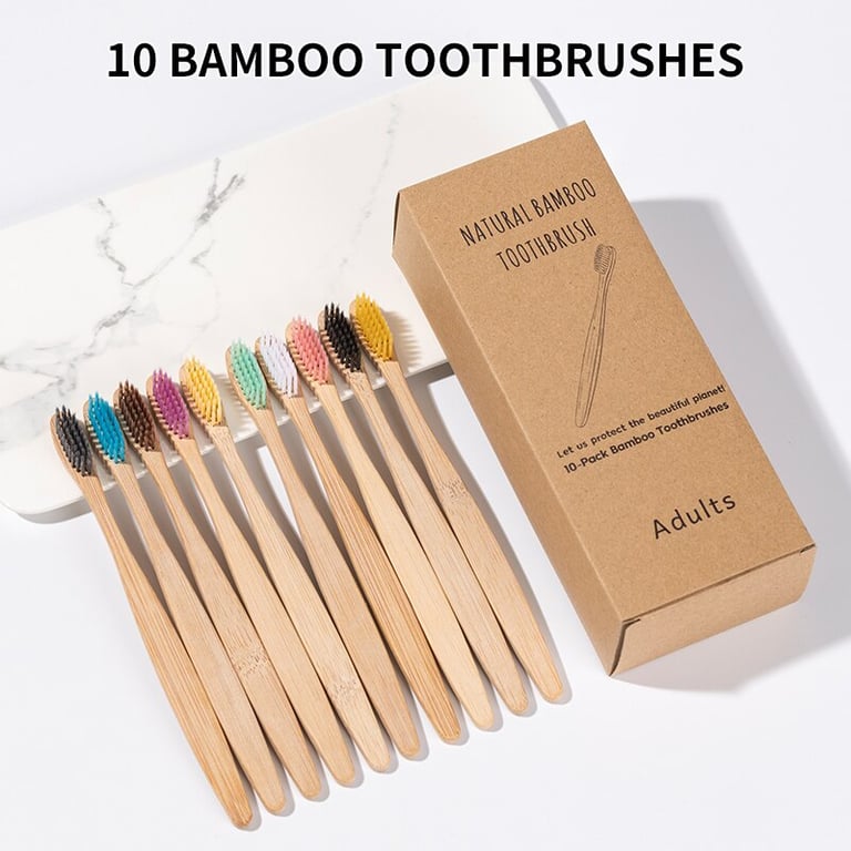 Natural Bamboo Toothbrush Set with Cowhide Wrapping and Toothbrush Tablets - Eco-Friendly, Sustainable, and Biodegradable - Durable and Long-Lasting - Environmentally Conscious Choice for Reduced Plastic Waste - Great Gift Option - Set of 10 PCS in a Box for Travel and Family Sharing