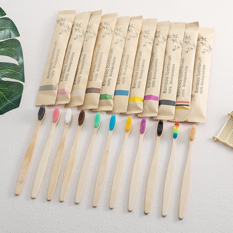 Natural Bamboo Toothbrush Set with Cowhide Wrapping and Toothbrush Tablets - Eco-Friendly, Sustainable, and Biodegradable - Durable and Long-Lasting - Environmentally Conscious Choice for Reduced Plastic Waste - Great Gift Option - Set of 10 PCS in a Box for Travel and Family Sharing