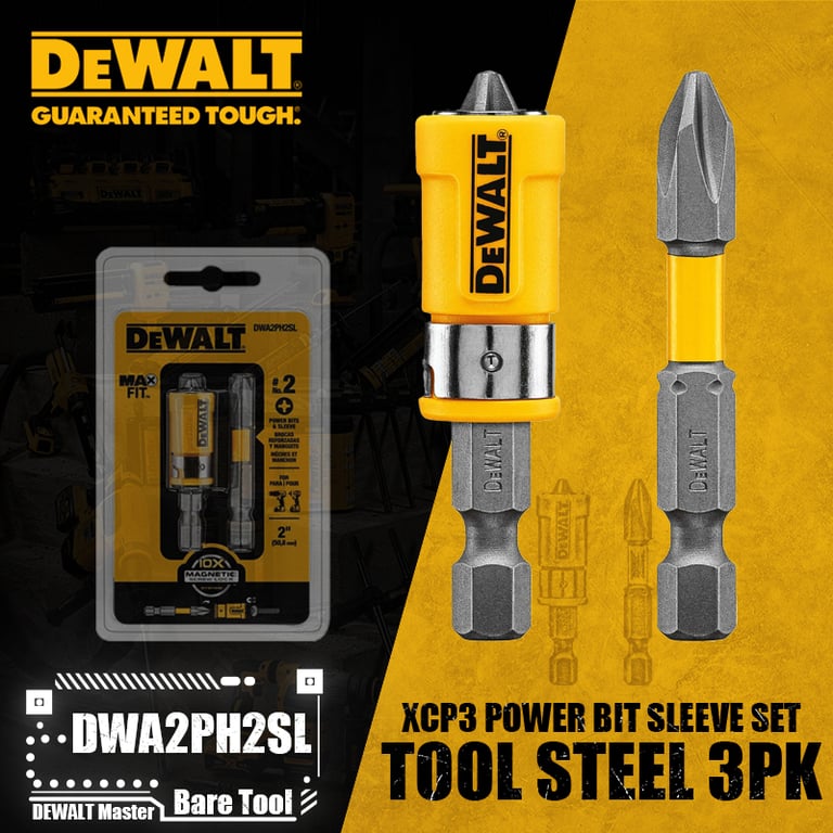 DEWALT DWA2PH2SL XCP3 Power Bit Sleeve Set - Durable S2 Tool Steel Construction, Precision Phillips #2 Bits, 2-Inch Long Reach, 3-Piece Set for Driver Drills - Ideal for Construction, Woodworking, Versatile Applications, Long-Lasting Performance