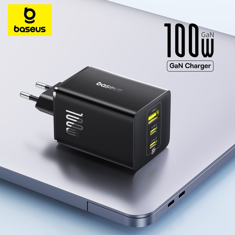 Baseus 100W Fast Charger with GaN Technology - Dual USB Ports, Quick Charge, Power Delivery, Wide Compatibility - iPhone 17, Samsung, Xiaomi, Laptops, Tablets - Portable and Safe Charging Solution with Foldable Plug Prongs for Travel and Everyday Use