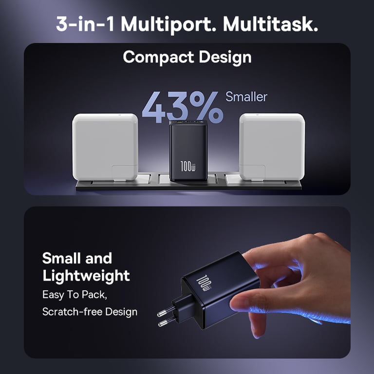Baseus 100W Fast Charger with GaN Technology - Dual USB Ports, Quick Charge, Power Delivery, Wide Compatibility - iPhone 17, Samsung, Xiaomi, Laptops, Tablets - Portable and Safe Charging Solution with Foldable Plug Prongs for Travel and Everyday Use