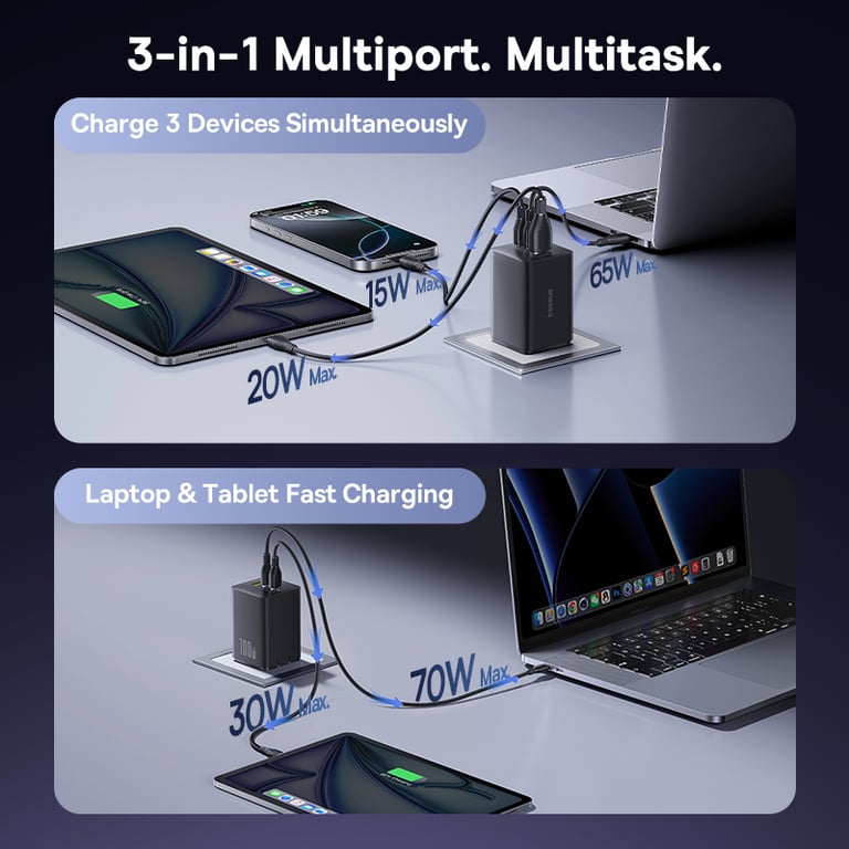 Baseus 100W Fast Charger with GaN Technology - Dual USB Ports, Quick Charge, Power Delivery, Wide Compatibility - iPhone 17, Samsung, Xiaomi, Laptops, Tablets - Portable and Safe Charging Solution with Foldable Plug Prongs for Travel and Everyday Use