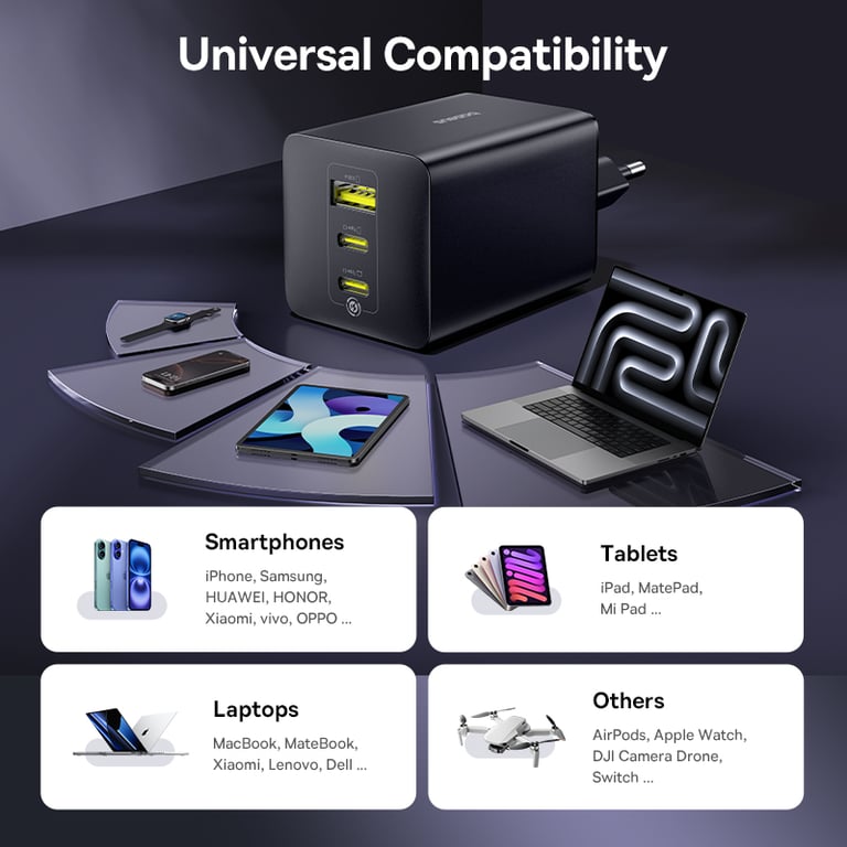 Baseus 100W Fast Charger with GaN Technology - Dual USB Ports, Quick Charge, Power Delivery, Wide Compatibility - iPhone 17, Samsung, Xiaomi, Laptops, Tablets - Portable and Safe Charging Solution with Foldable Plug Prongs for Travel and Everyday Use