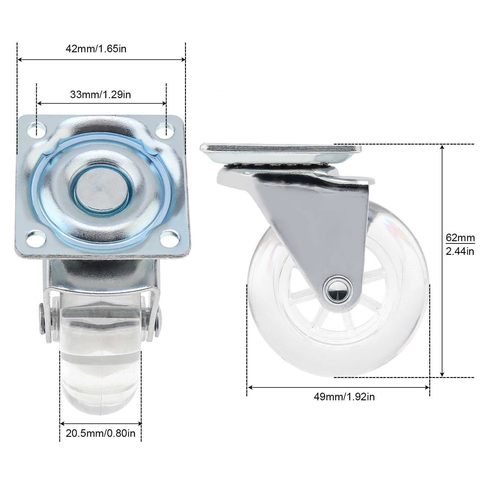 Set of 4 Transparent Crystal Clear 2-Inch PU Caster Wheels with Brake Function for Smooth Mobility and Universal Compatibility - Premium Furniture Wheel Replacement Set