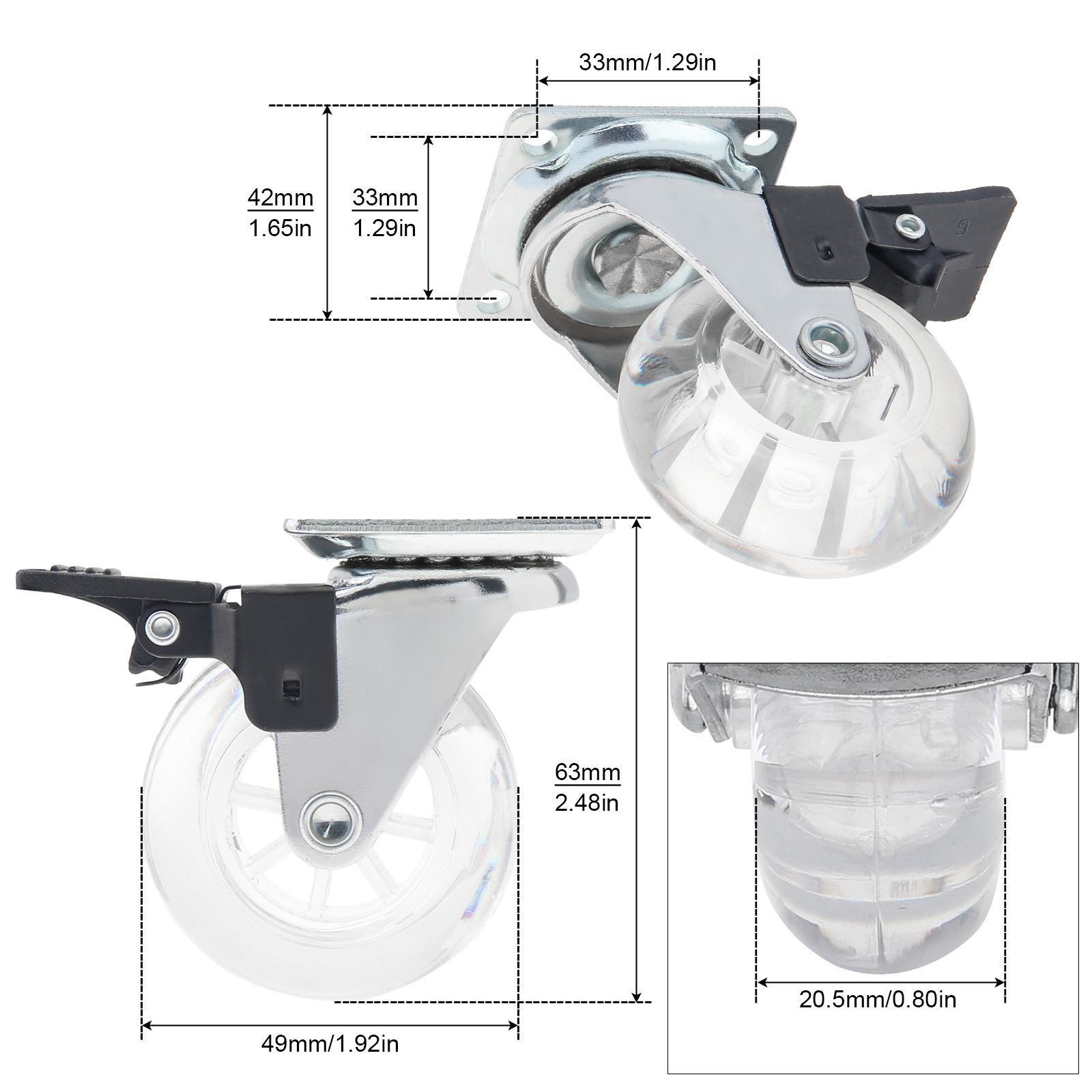 Set of 4 Transparent Crystal Clear 2-Inch PU Caster Wheels with Brake Function for Smooth Mobility and Universal Compatibility - Premium Furniture Wheel Replacement Set