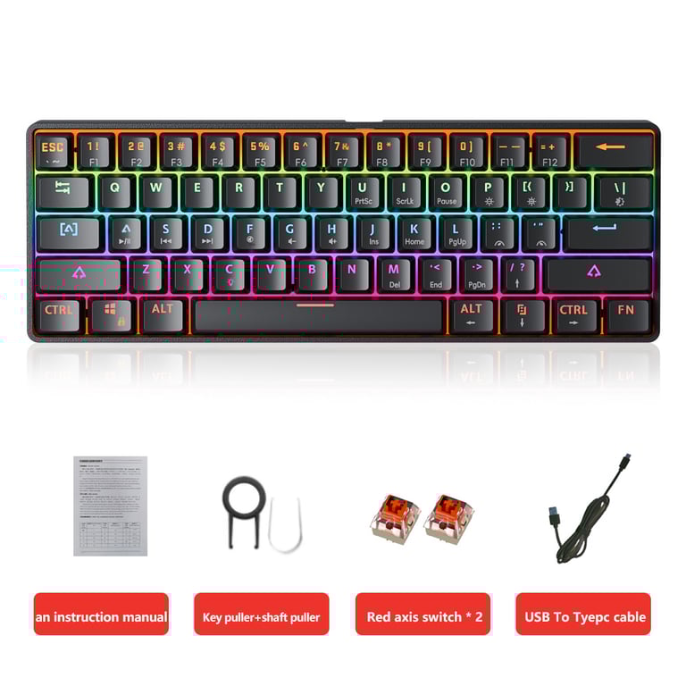 MUCAI MK61 USB Gaming Esports Mechanical Keyboard with Compact 61 Key Layout, Red Axis Switches, RGB Backlighting, Hot Swap Functionality, and Detachable Cable for Ultimate Gaming Experience and Customization