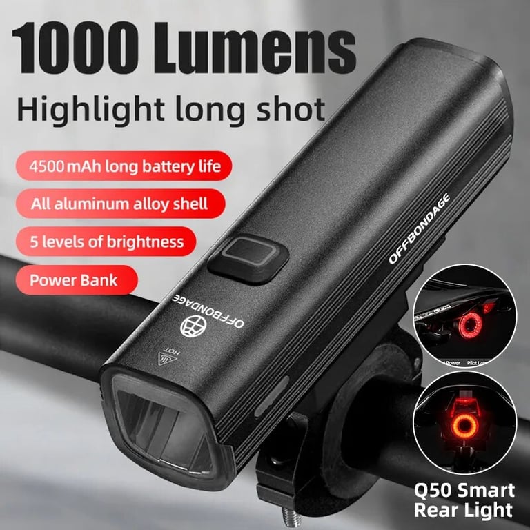 OFFBONDAGE 1000 Lumens USB Rechargeable Bike Light with Power Bank Functionality and Adjustable Beam Angle - Durable and Versatile Bicycle Headlight for Night Riding, Mountain Biking, and Commuting - High, Low, and Strobe Light Modes for Enhanced Safety and Visibility