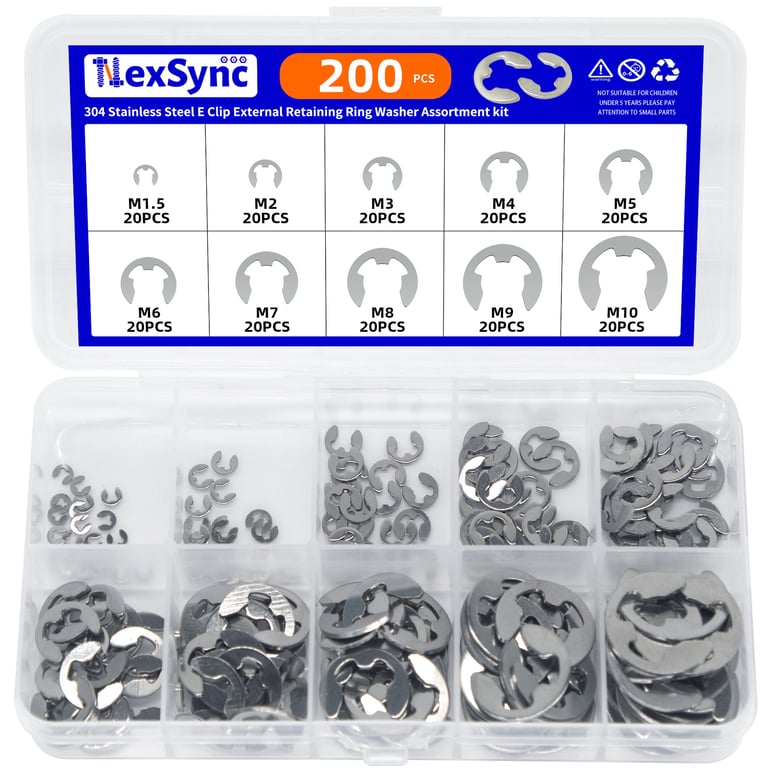 High-Quality Stainless Steel and Carbon Steel E Circlip Shaft External Retaining Rings Set - 10 Sizes for Secure Fastening, Rust Resistance, Easy Installation - Ideal for Automotive, Machinery, DIY Projects - Durable and Reliable Shaft Grip for Safety and Efficiency