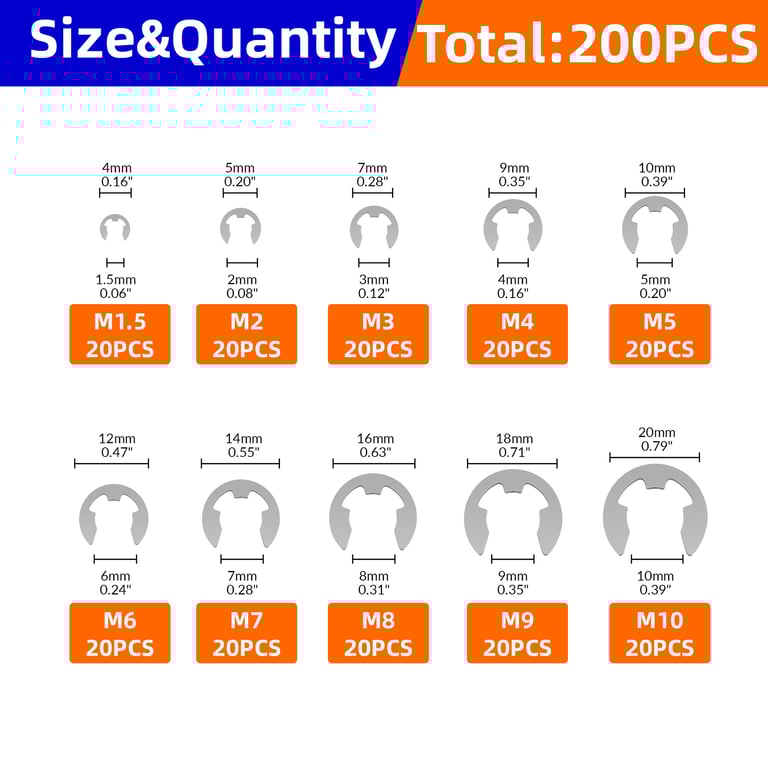 High-Quality Stainless Steel and Carbon Steel E Circlip Shaft External Retaining Rings Set - 10 Sizes for Secure Fastening, Rust Resistance, Easy Installation - Ideal for Automotive, Machinery, DIY Projects - Durable and Reliable Shaft Grip for Safety and Efficiency