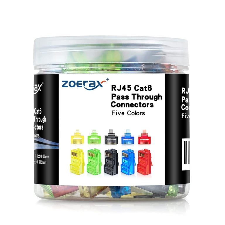 ZoeRax 100Pcs RJ45 Cat6 Connectors - High-Quality Assorted Color Ethernet Modular Plug Bottled for EZ Crimp Design and Wide Compatibility