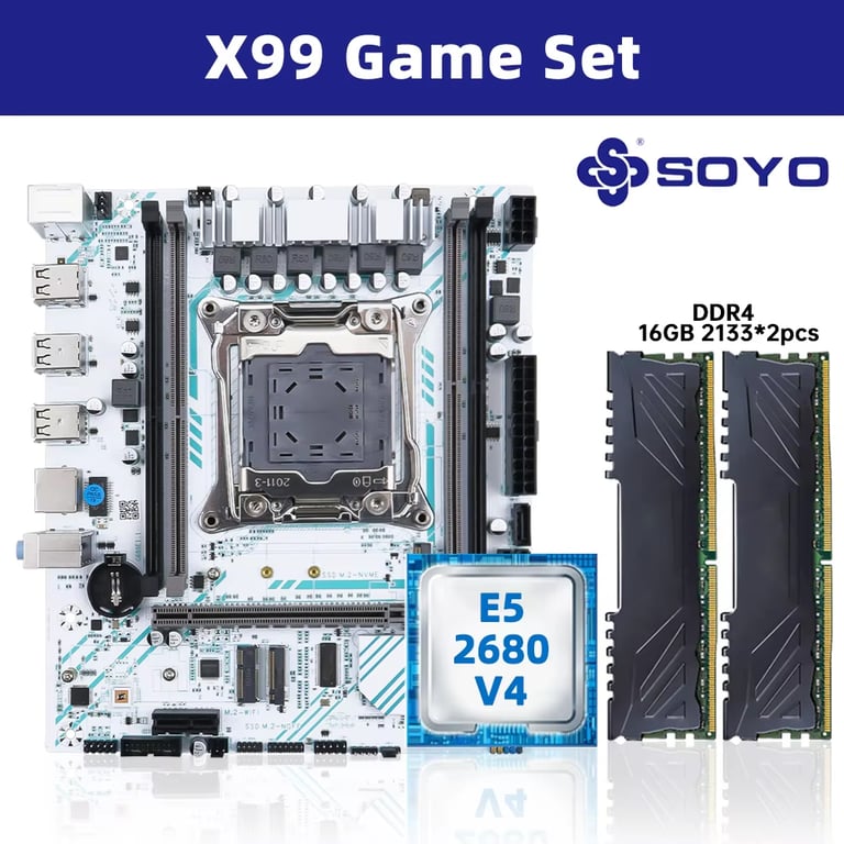 SOYO X99 Motherboard Set Kit with 32GB DDR4 ECC RAM and M.2 SSD Support for Xeon E5 2680 V4 CPU - High-Performance LGA 2011-3 Motherboard for Enthusiasts and Professionals, Reliable Stability and Fast Data Processing, Ideal for Demanding Computing Tasks