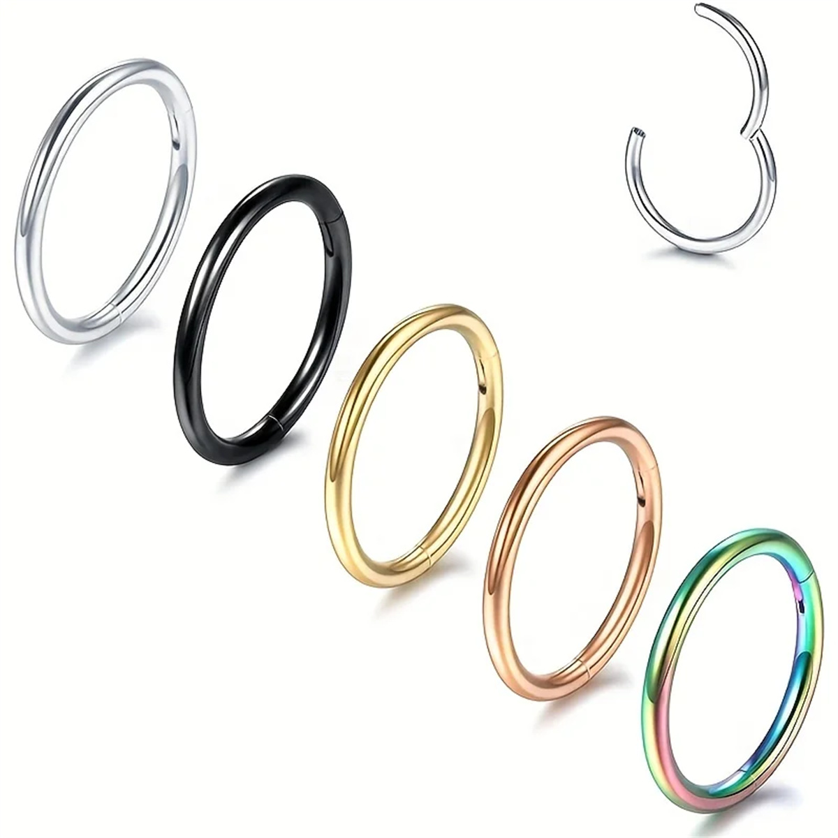 Premium Stainless Steel Nose Rings Hoops Set of 5 or 10 - Hypoallergenic Hinged Hoops for Septum, Tragus, Cartilage - Easy Clicker Closure - Various Sizes and Colors - Rust Resistant Jewelry for Sensitive Skin - Stylish and Versatile Piercings Accessories