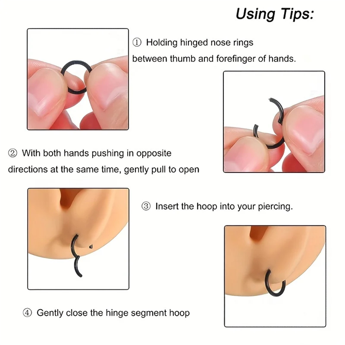 Premium Stainless Steel Nose Rings Hoops Set of 5 or 10 - Hypoallergenic Hinged Hoops for Septum, Tragus, Cartilage - Easy Clicker Closure - Various Sizes and Colors - Rust Resistant Jewelry for Sensitive Skin - Stylish and Versatile Piercings Accessories