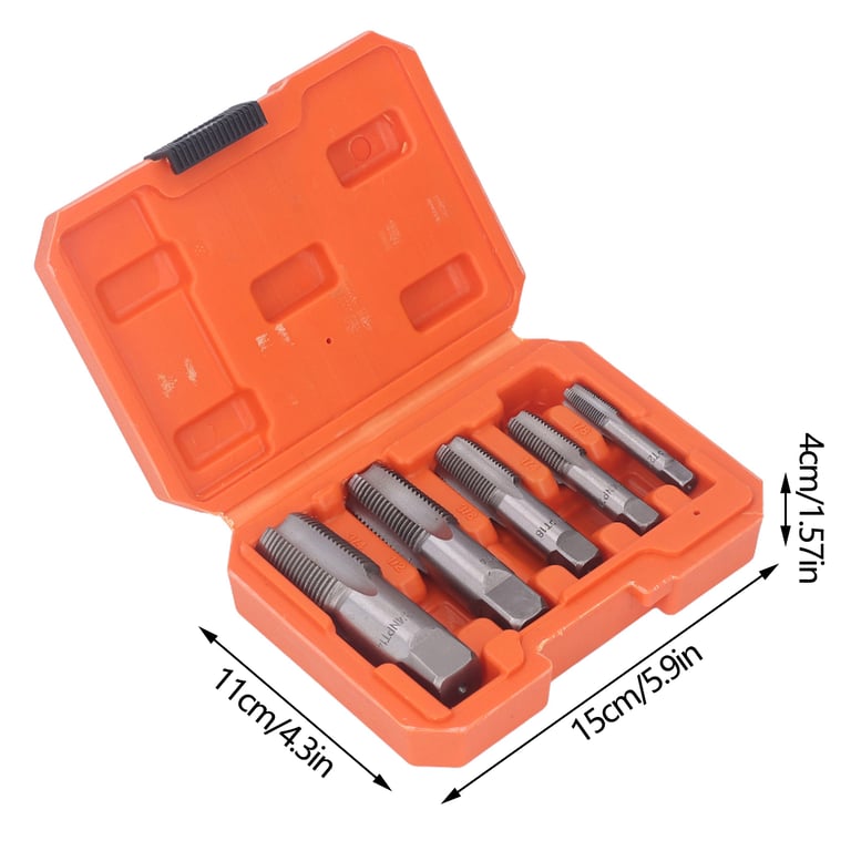 High-Speed Steel NPT Pipe Taps Set - 5 Sizes (3/4, 1/2, 3/8, 1/4, 1/8 inch) - Thread Forming Tap for Tight Fit - Comfortable Grip Handles - Precision Threading for Pipe Cleaning and Maintenance - Durable and Versatile Tool for Plumbers and DIY Enthusiasts